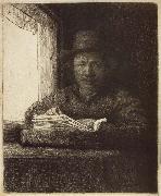 REMBRANDT Harmenszoon van Rijn, Self-Portrait,Etching at a Window